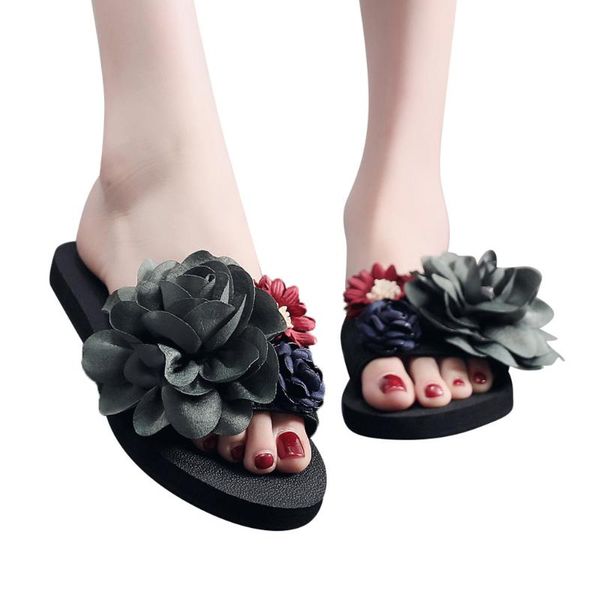 

summer slippers women beach flat sandals shoes flower low heel flip flops black