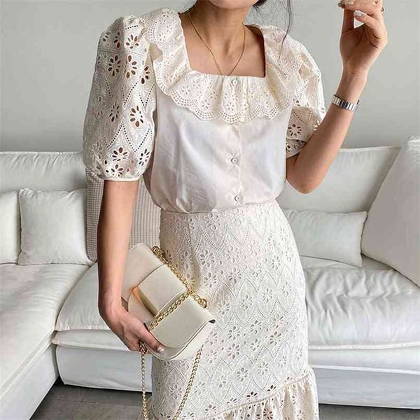

separable sale summer square collar hollow crochet ruffles stitching puff sleeve shirt + empire bodycon fishtail skirt suits 210602, Black;white