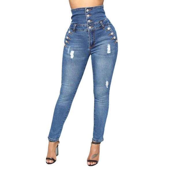 

brand female slim fit jeans high waist denim pencil trousers close-fitting pants with four buttons for spring fall dark blue women's