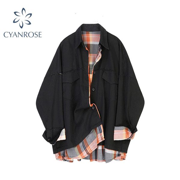 

autumn women blouse patchwork plaid korean vintage long sleeve loose turn down collar boyfriend style shirts blusas 210417, Black;brown