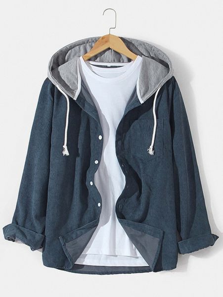 

men pocket front drawstring hooded corduroy shirt without tee y95w#, White;black