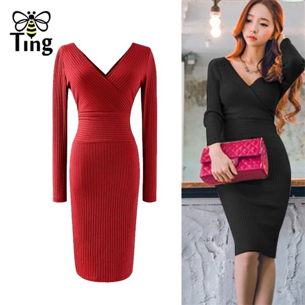 

knitted bodycon v neck women dress slim sheath knitting clubwear party short es vestidos stretchy 210513, Black;gray