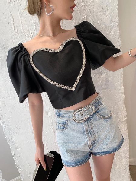 

women's blouses & shirts 2021ss summer vintage silk women puff sleeve diamonds heart black blouse female casual shirt rmsx 6.19, White