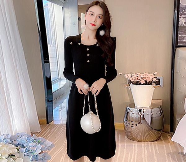 

autumn knitting women long sleeve korea style design a-line square collar elegant button kawaii high waist dress vestidos casual dresses, Black;gray