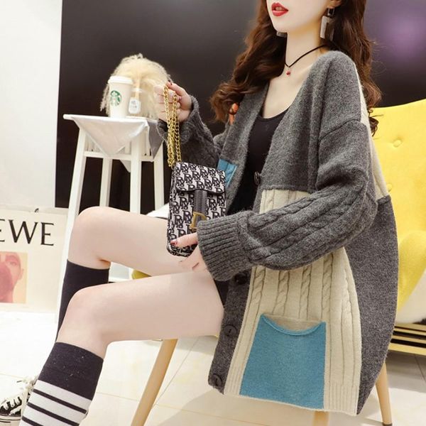 

women's knits & tees 2021 spring retro hong kong-flavored sweater cardigan western style color matching loose lazy knit jacket, White