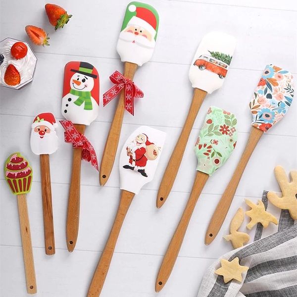 

baking & pastry tools cake cream silicone spatula christmas themed wooden handle batter mixing scraper decorating kitchen utensils