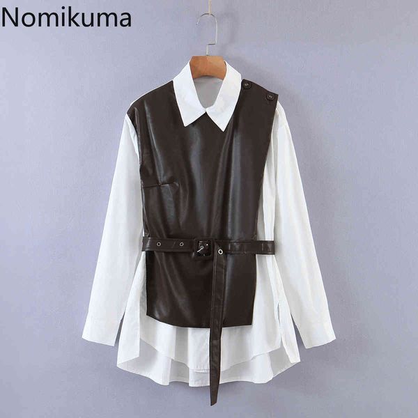 Nomikuma PU Couro Patchwork Mulheres Blusa Desativação Collar Fake 2 Peças Camisa Outono Sashes Cintura Slim Top Blusas 6D048 210427