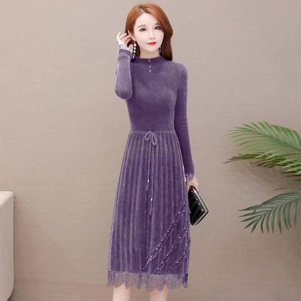 

casual dresses plus size fall clothes women 's lace up waist mink fleece midi-length dress ladies office long sleeve vestidos, Black;gray