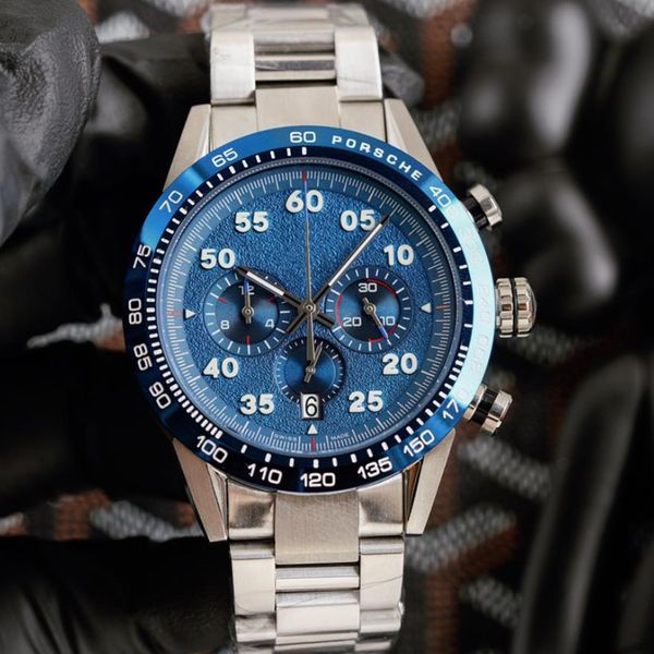 

men watches quartz movement 44mm with crown 316l stainless steel strap chronograph wristwatches, Slivery;brown