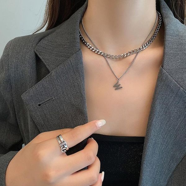

pendant necklaces 2021 japanese and korean party fashion titanium steel necklace w letter lady clavicle chain personalized wild, Silver