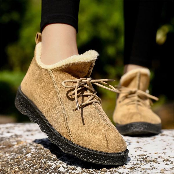 

boots women snow winter shoes lace up non slip ankle soft ladies flats female warm plush woman casual, Black