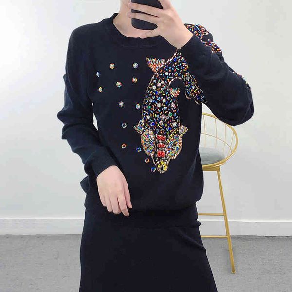 

women's sweaters feminino jumpers cashmere o pescoÃ§o solto e engrossado frisado diamante incrustado peixinho lantejoulas manga comprida, White;black
