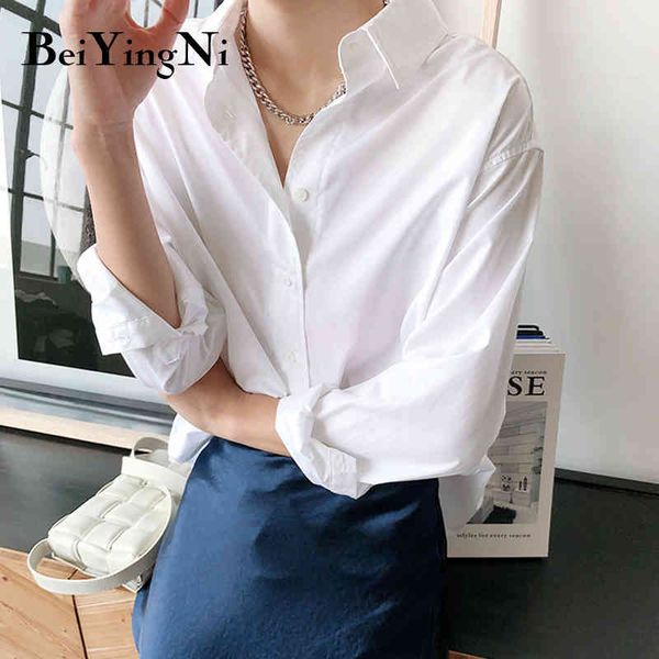 

beiyingni vintage cotton shirts female plain casual loose korean long sleeve blouses women plus size harajuku chic elegant, White