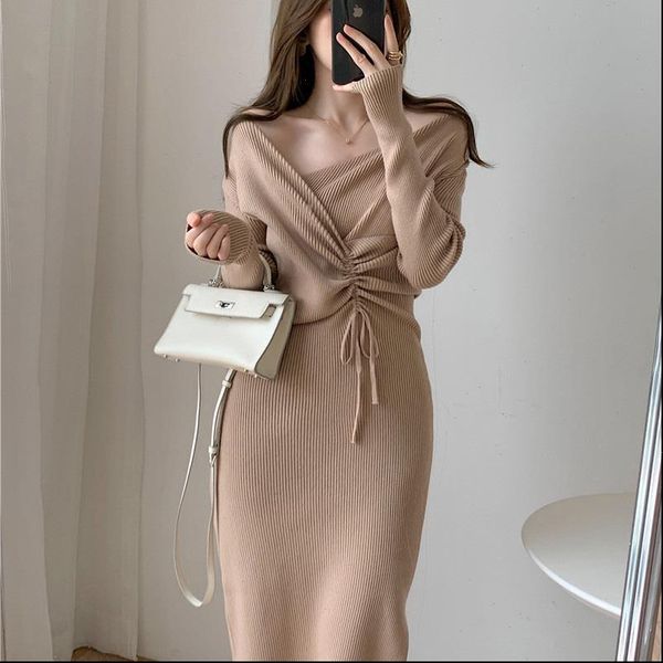 

women dresses one piece knitted sweater dress for autumn drawstring bodycon korean slim woman lady, Black;gray