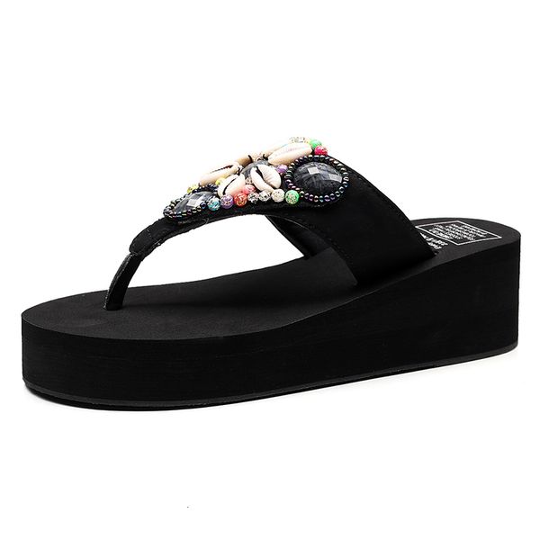 

slippers women beach flip flops bohemian slipper fashion rhinestone shell beading platform wedge shoes woman ccr7, Black