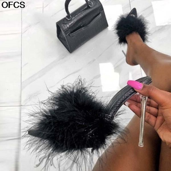 

sandals lady slippers woman feather fur women transparent crystal high heels pumps peep toe mules slides shoes41 sqqk, Black