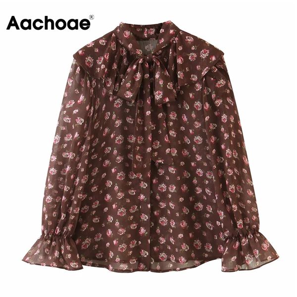 

retro floral print blouse women bow tie collar chic ruffle blouses 2021 flare long sleeve elegant shirt tunic, Black;white