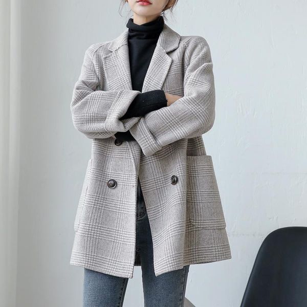 

women's wool & blends cashmere coat mid-length plaid female 2021 autumn winter double-sided woolen cloth loose jacket, Black