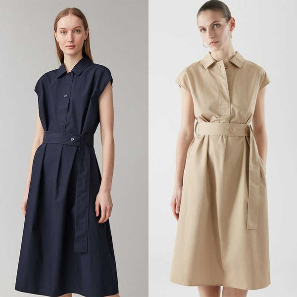 

style three cos color lace up sleeveless shirt dress in spring and summer 2021, Black;gray