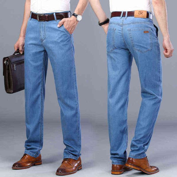 

men's jeans 2021 ice silk summer thin straight jeans busins work men's wear, Blue