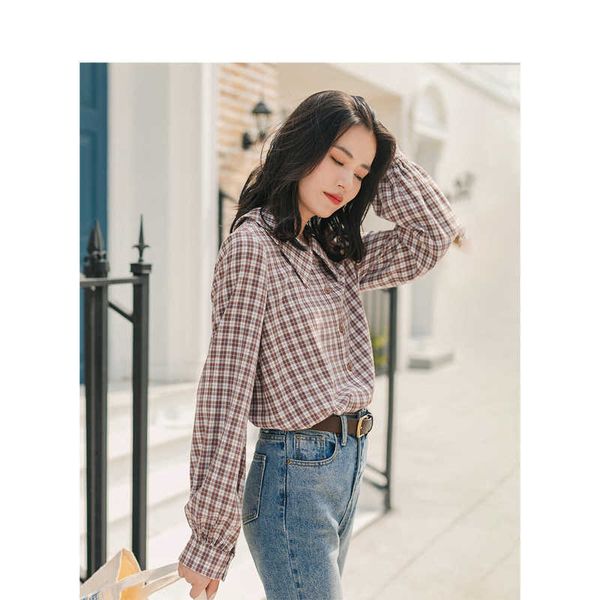 

women's blouses & shirts blouses winter literary retro 100%cotton doll collar plaid loose long sleeve women blouse fpfm, White