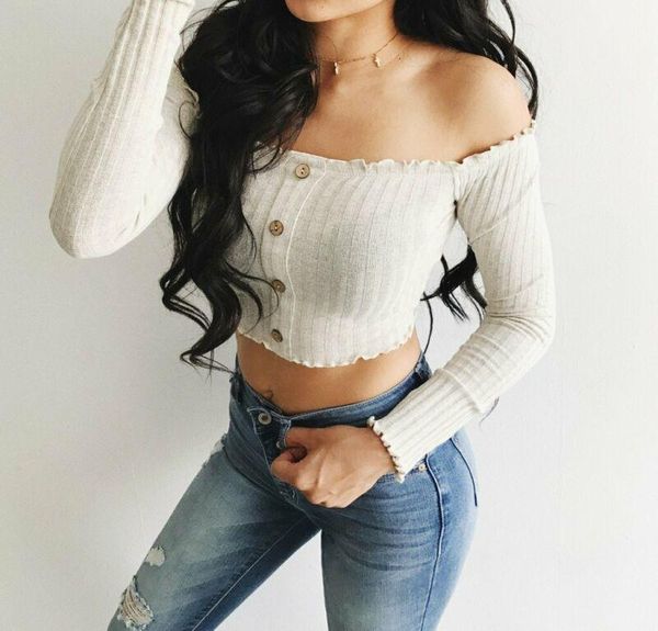 

women's t-shirt off shoulder casual long sleeve button ribbed crop, White