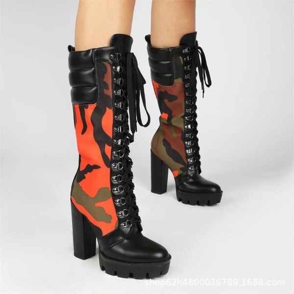 

boots large fashion camouflage plaid mid barrel high heel lace up, Black