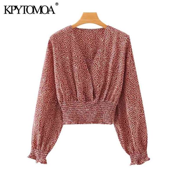 

women fashion floral print cropped blouses v neck long sleeve elastic hem female shirts chic 210420, White