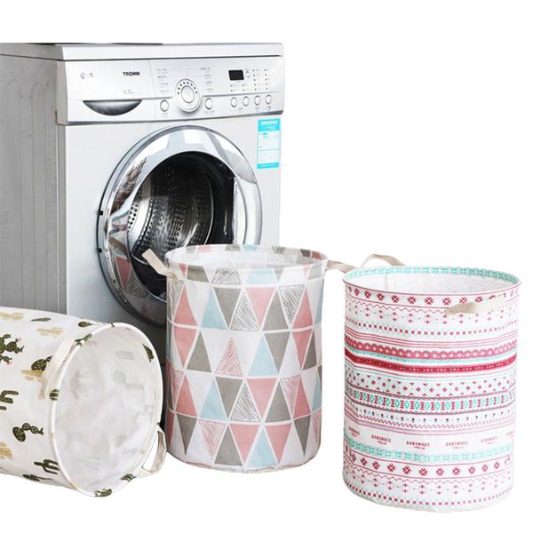 

large capacity round foldable laundry basket, cute cartoon print cotton linen waterproof clothes storage basket & organization