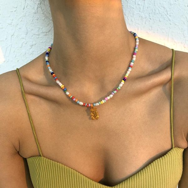 

pendant necklaces 2021 bohemian cute bear creative rice bead soft ceramic color beaded necklace for women grils jewelry gifts, Silver