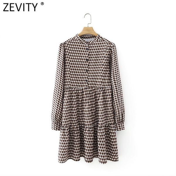 

women vintage stand collar geometric print pleats mini dress chic female sweet puff sleeve casual slim vestido ds4863 210420, Black;gray