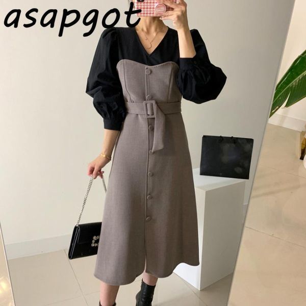 

casual dresses vintage chic elegant v neck hit color patchwork fake two-piece single-breasted lace-up lantern sleeve dress with belt, Black;gray
