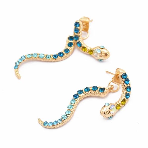

stud punk trendy gold serpentine rhinestone earrings blue crystal unique animal statement earring for women party jewelry design, Golden;silver