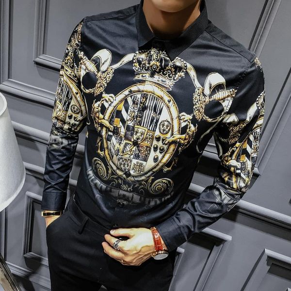 Männer Casual Hemden Schwarz Gold Druck Hemd Barock Slim Fit Party Club Männer Camisa Homem Männlich Langarm Plus Größe 4XL Hip Hop