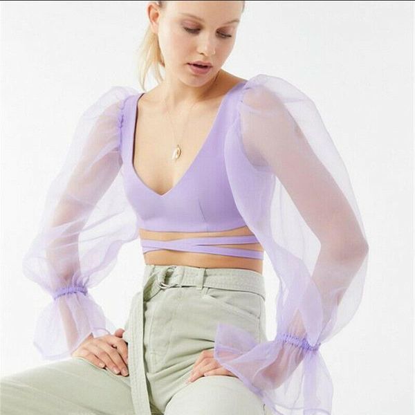 

women mesh sheer crop blouse shirts lantern long sleeve transparent deep v casual loose summer 2021 women's blouses &, White