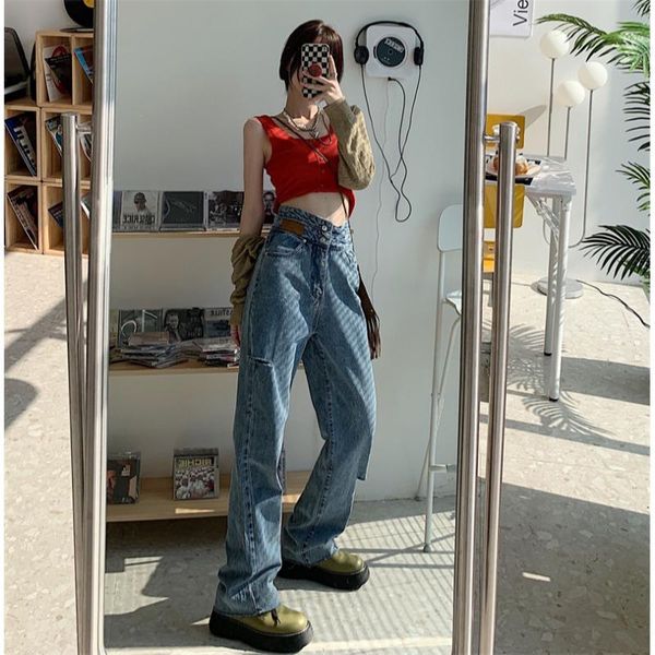 

women's jeans high waist ripped women casual 2021 autumn streetwear korean fashion baggy straight wide leg ladies denim pants, Blue