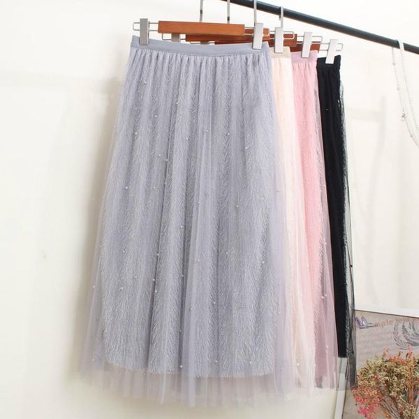 

skirts spring beaded tassels ankle long mesh autumn chic sweet pleated beading maxi, Black