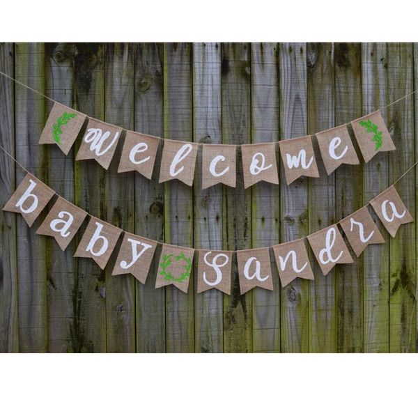 

party decoration greenery baby shower banner,baby burlap bunting,greenery decorations,welcome banner, personalized welcome bab