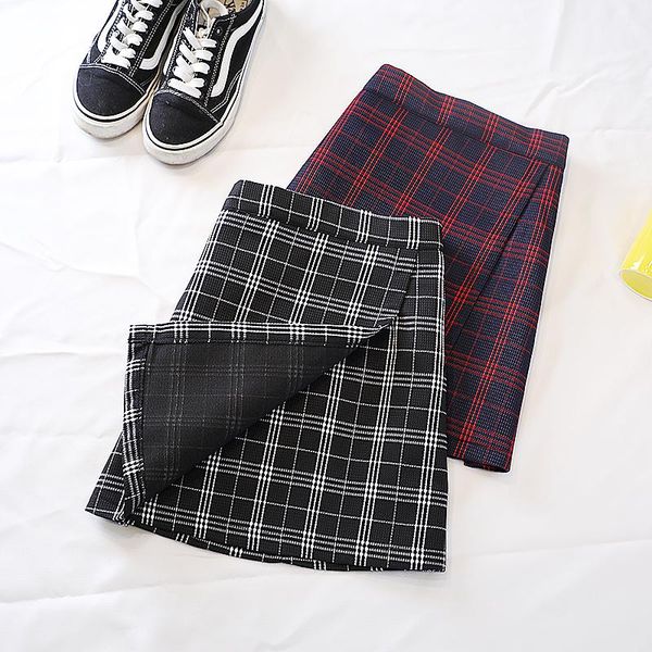 

skirts summer plaid skirt women high waist vintage ladies irregular mini with safe girls shors short student faldas mujer, Black