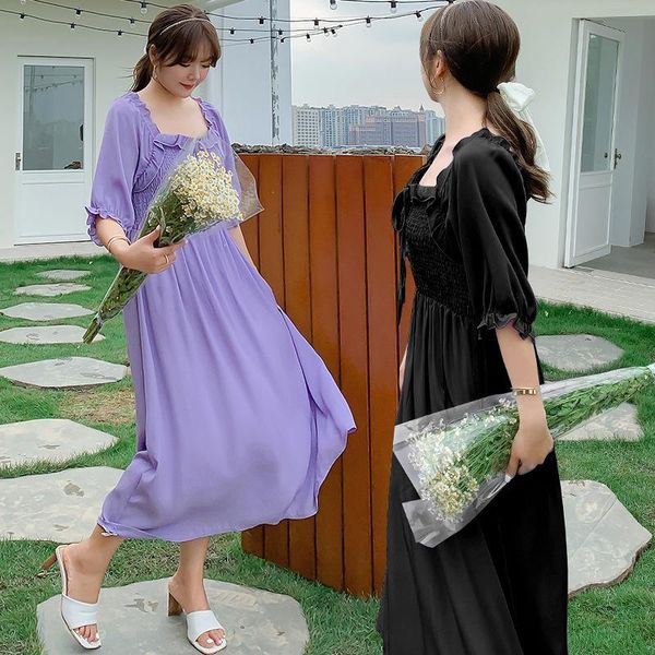 

plus size dresses women's summer retro wood ear side bow long dress, Black