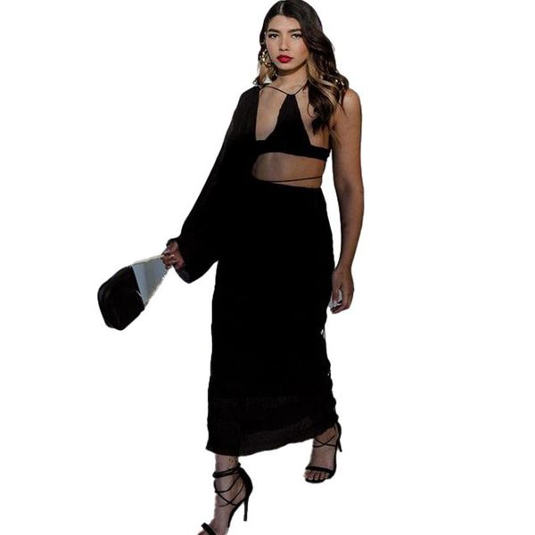 

casual dresses summer women solid hollow out single sleeve backless ankle-length dress elegant slim fit party clubwear, Black;gray