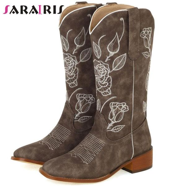 

boots sarairis large size 48 female western chunky heel mid calf platform cowboy cowgirl shoes embroidery retro riding, Black