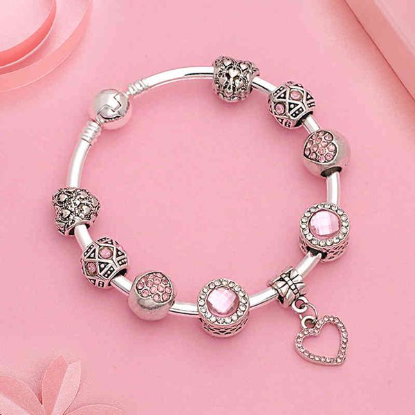 

heart crystal bead pink bracelet silver color diy charms women bangle romantic couple bracelet bangle jewelry, Golden;silver