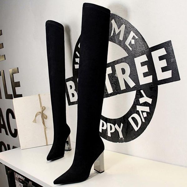 

boots bigtree shoes pointed toe women over the knee 2022 autumn winter metal heel long high heels size 43, Black