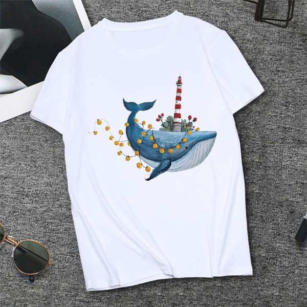 

summer fashion casual short sleeved women oversize streetwear whale print graphics tees, White
