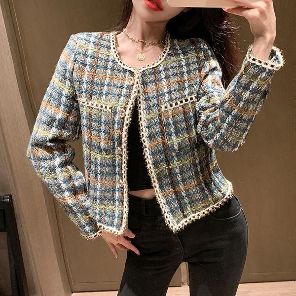 

women's jackets vintage plaid tweed jacket women elegant fashion design buttons o-neck long sleeve autumn winter coat, Black;brown