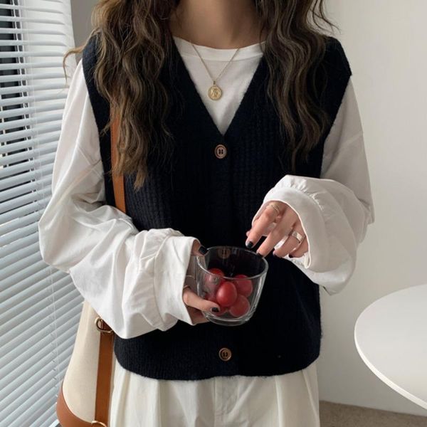

women's vests black v-neck vest knitted spring and autumn 2021 korean loose thin casual, Black;white