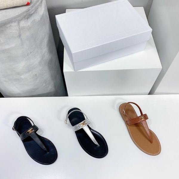 

sandals summer women open-toes thong ladies metal decoration genuine leather beach flat designer shoes zapatillas mujer, Black