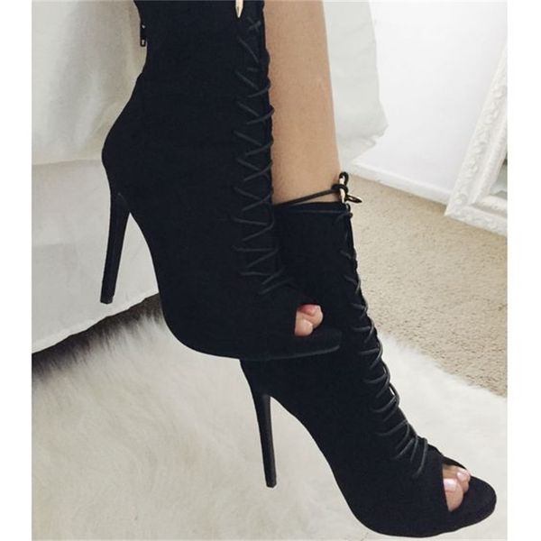 

boot black fashions lace-up ankle open-toed woman high heels summer fashion boots