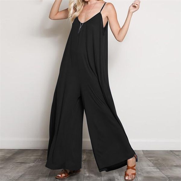 

v neck sleeveless jumpsuit for women summer loose sling plus size jumpsuits ladies solid wide leg pants overalls woman, Black;white